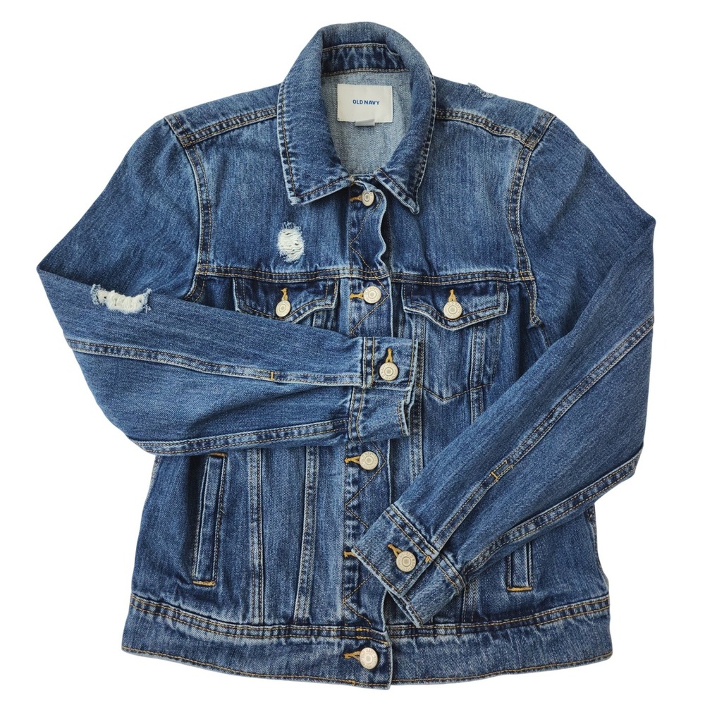 Old Navy Women's Distressed Denim Jacket‎ Medium Wash Blue Jean Jacket Size S